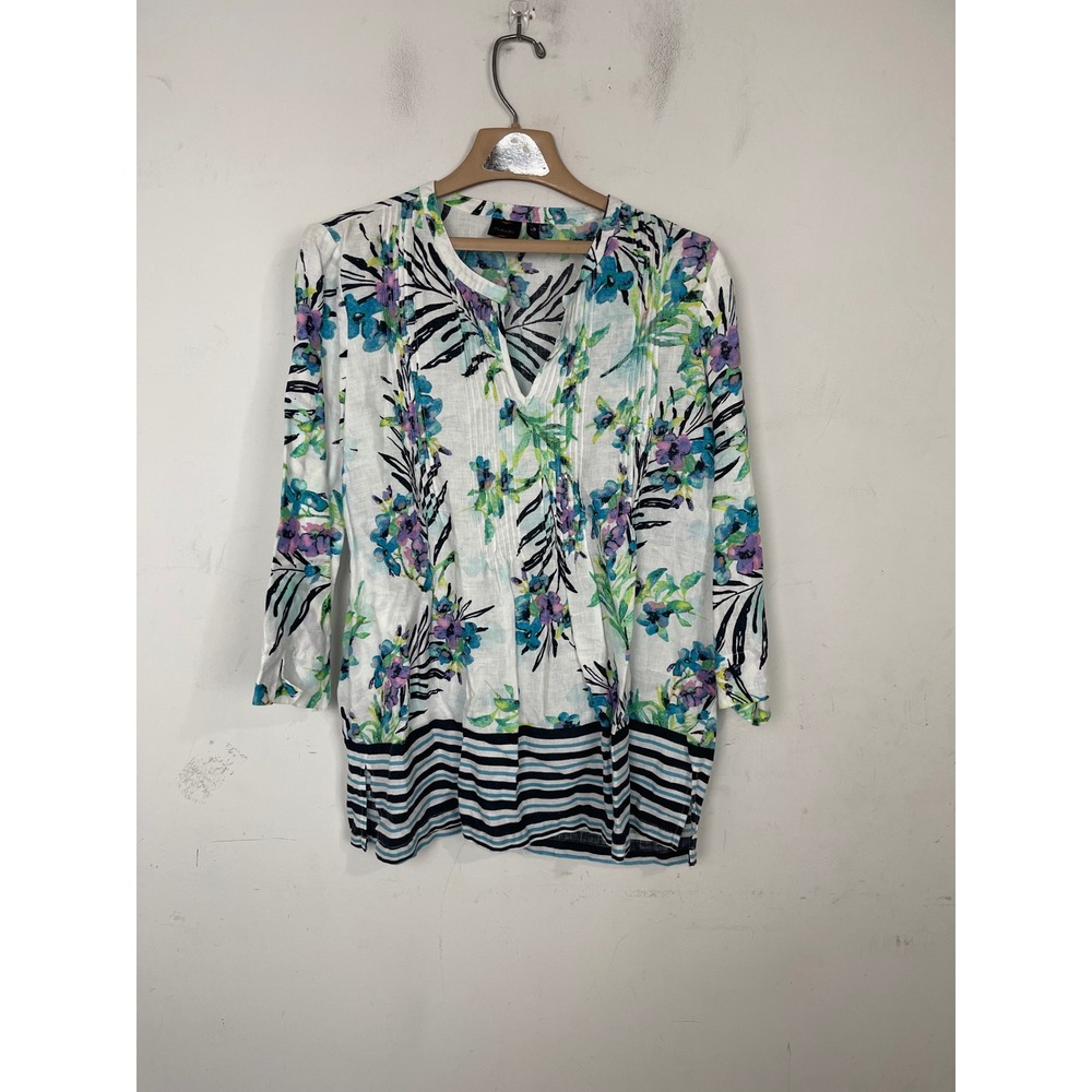 Rafaella Womens‎ Floral Striped Linen Tunic Top Blue Purple White Size Large